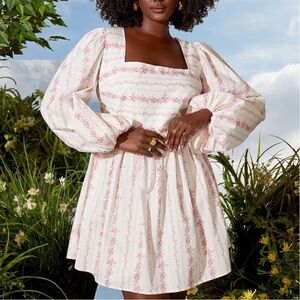 Eloquii Pink Patterned Long Sleeve Tie Back Mini Dress